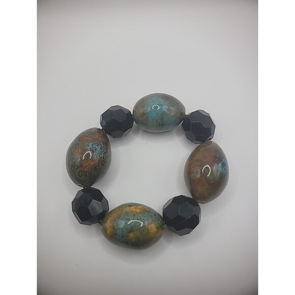 Vintage Bracelet Blue Tan Chalcedony Stone Beaded Black Faceted Stretch - Picture 8 of 10